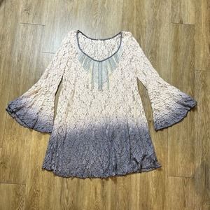 Free People FP Dress Women's Medium Boho Fairy Lace Ombre Bell Sleeve Beaded